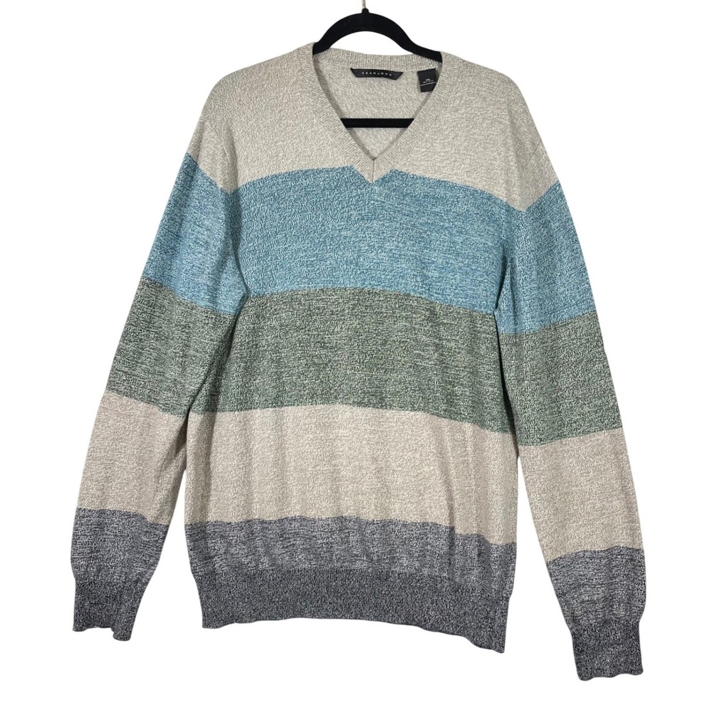 Sean John‎ Mens V Neck Striped Long Sleeve Sweater Size 2XL Cotton